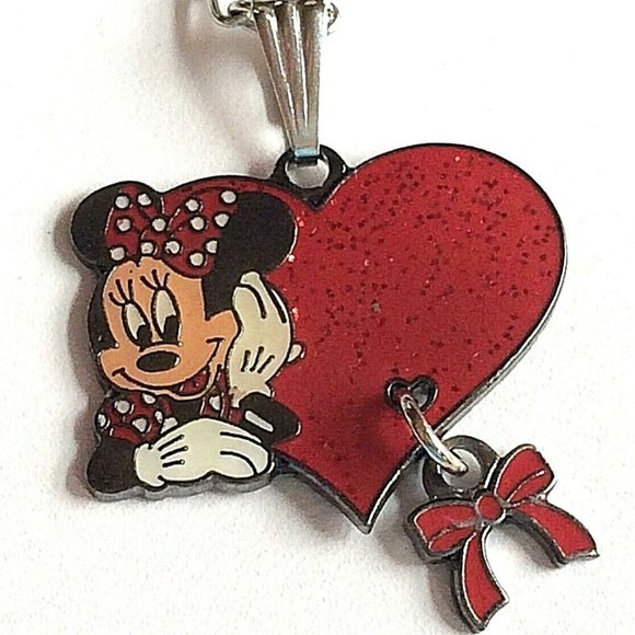 Vintage Disney Minnie Mouse Charm Necklace Silver Plated Enamel Disneyana 20" - Picture 2 of 8